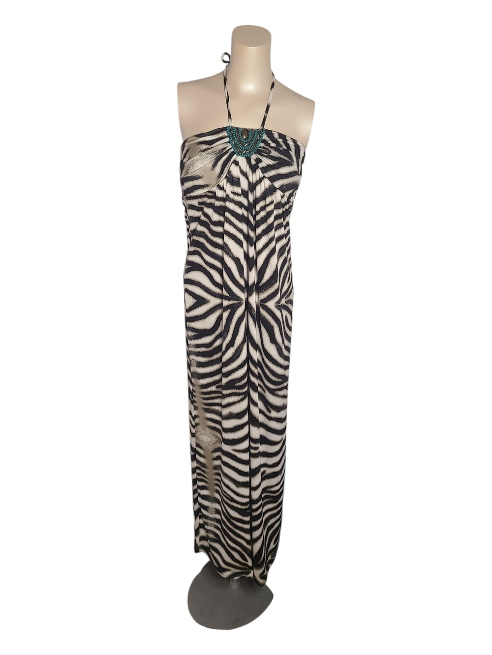 Heart Soul Zebra Print Beaded Halter Maxi Dress L